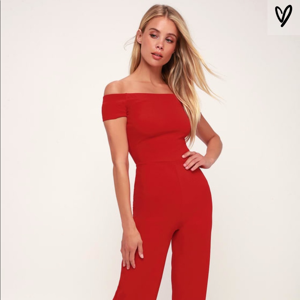 Lulus red off the shoulder jumpsuit